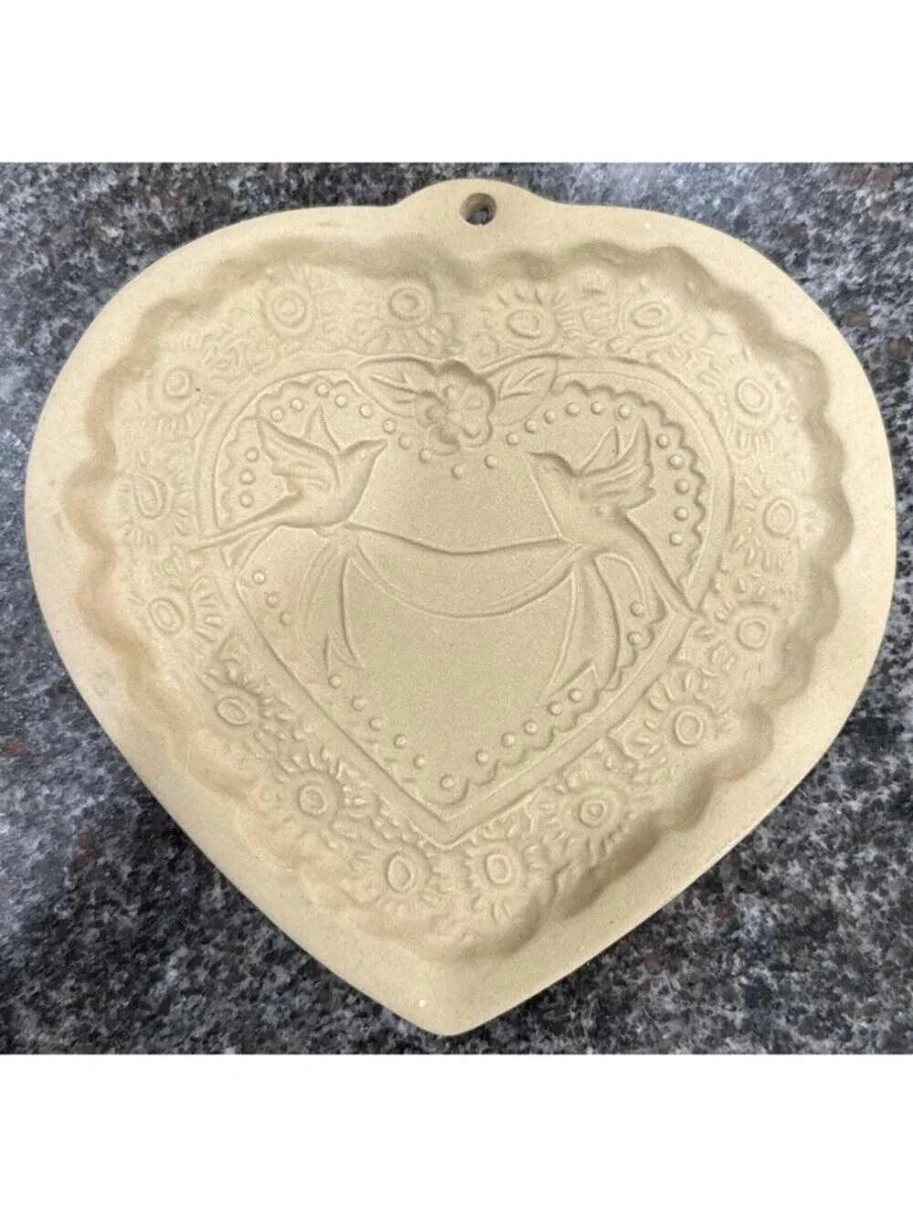 Heart-Shaped Brown Bag Cookie Art Stone Mold Birds & Flowers Design 1985 Vintage